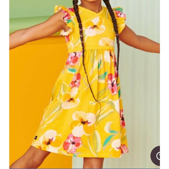 Tea Collection Girls 12 Faux Wrap Dress Painterly Hibiscus Yellow - Picture 5 of 5